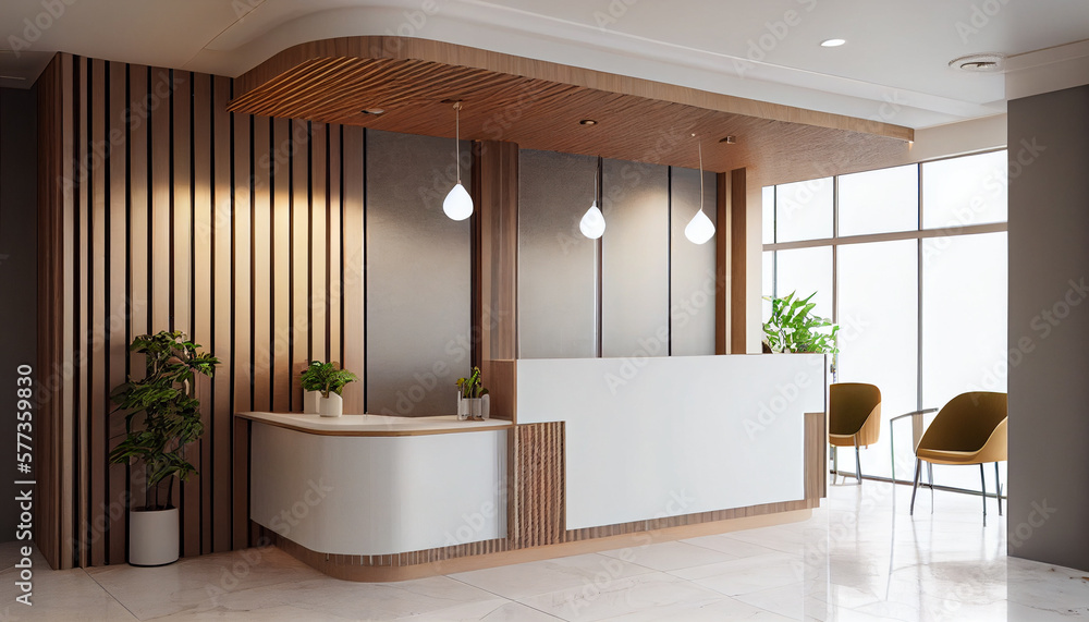 Interior of a hotel lobby with reception desks with transparent covid