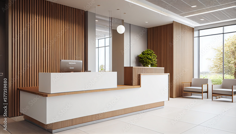 Interior of a hotel lobby with reception desks with transparent covid