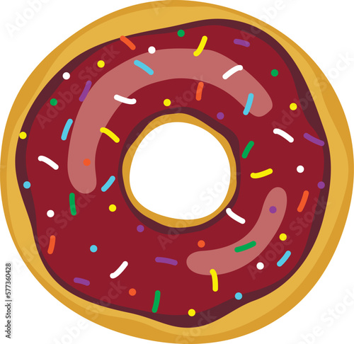 Sweet delicious chocolate donut with colorful sprinkles. Vector illustration isolated on white background