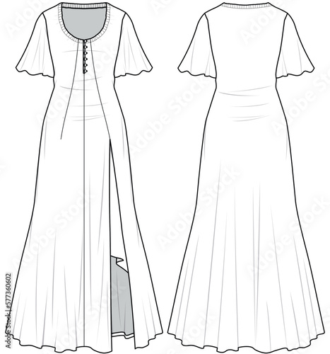 womens short sleeve fit and flare long maxi dress with side slit fashion flat sketch vector illustration front and back view peasant, poet dress technical cad drawing template