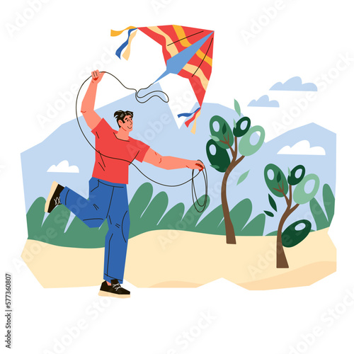 Man cartoon character flying a kite at summer landscape background, vector illustration isolated on white background. Man with air kite in park or outdoors.