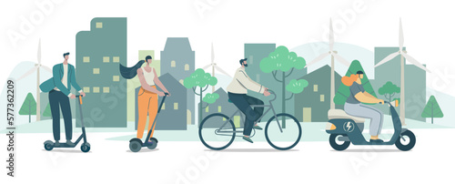 Set of Eco friendly alternative ecological transportation, People choose riding to travel with vehicles, 
bicycles, motorcycles, scooter, Environmental care concept, Vector design illustration.