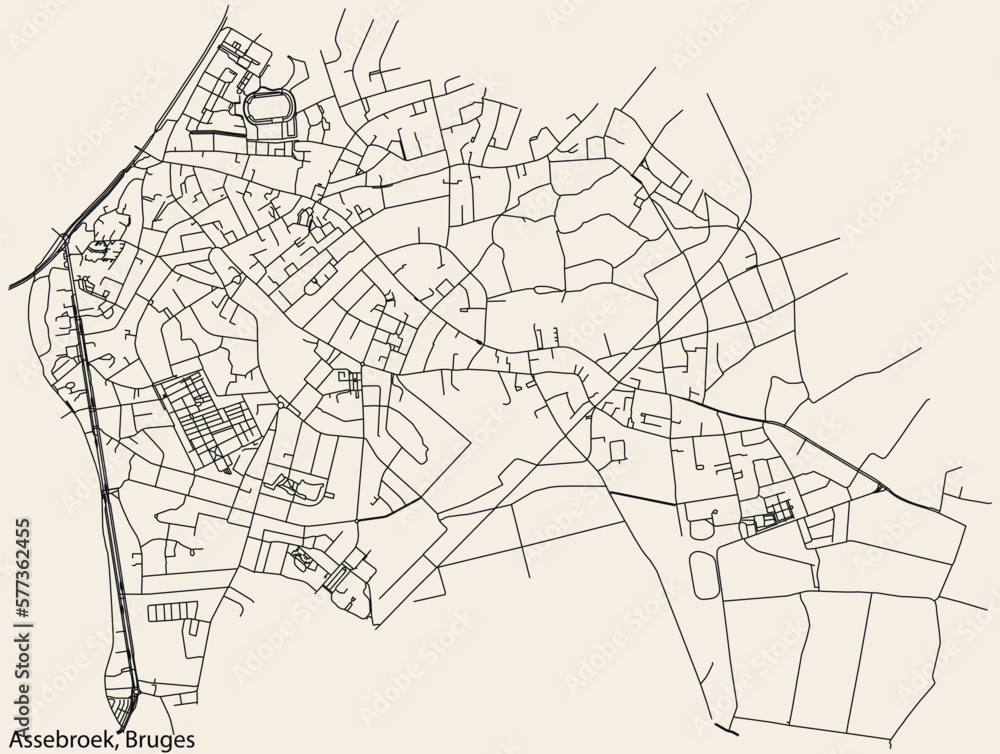 Detailed hand-drawn navigational urban street roads map of the ASSEBROEK SUBURB of the Belgian city of BRUGES, Belgium with vivid road lines and name tag on solid background