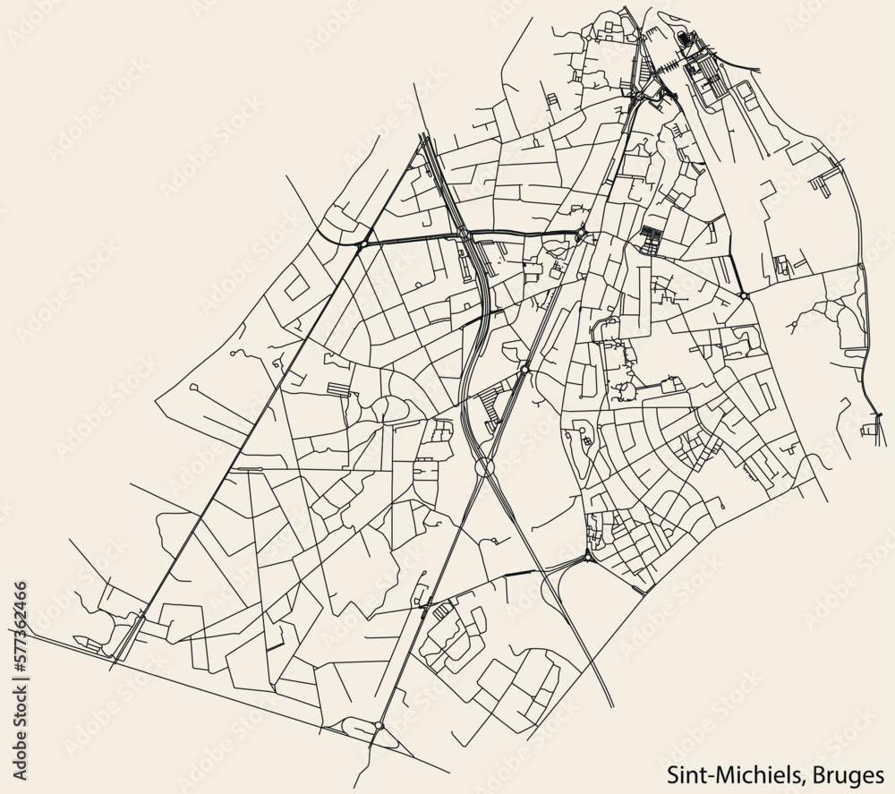 Detailed hand-drawn navigational urban street roads map of the SINT-MICHIELS SUBURB of the Belgian city of BRUGES, Belgium with vivid road lines and name tag on solid background