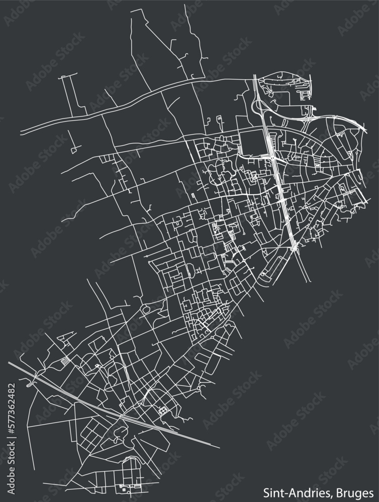 Detailed hand-drawn navigational urban street roads map of the SINT-ANDRIES SUBURB of the Belgian city of BRUGES, Belgium with vivid road lines and name tag on solid background