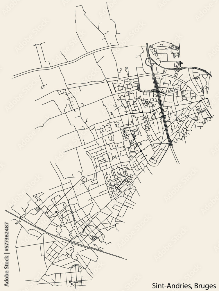 Detailed hand-drawn navigational urban street roads map of the SINT-ANDRIES SUBURB of the Belgian city of BRUGES, Belgium with vivid road lines and name tag on solid background