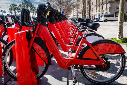 Canvas Print ecological red bicycles for rent