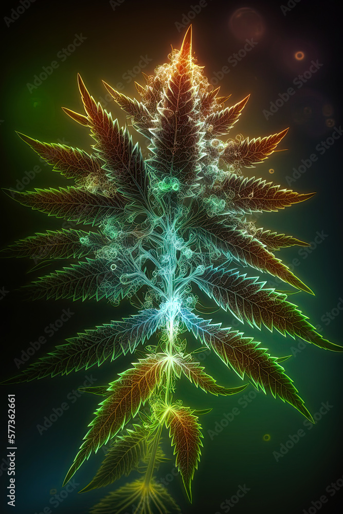 Cannabis leaf glowing in colorful volumetric light over dark background. Tshirt, print, poster design. Generative AI Cannabis leaf glowing in colorful volumetric light over dark background. Tshirt, print, poster design. Generative AI
