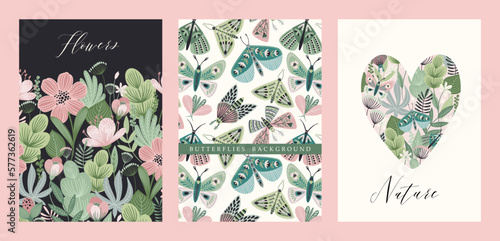 Vector butterflies and floral backgrounds. Templates for card, poster, flyer, cover, home decor and other. © Nadia Grapes