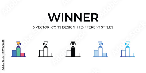 winner Icon Design in Five style with Editable Stroke. Line, Solid, Flat Line, Duo Tone Color, and Color Gradient Line. Suitable for Web Page, Mobile App, UI, UX and GUI design.