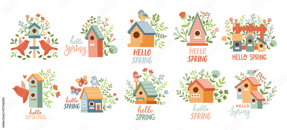 Spring birdhouse set. Spring mood greeting card template. Welcome spring invitation. Minimalist postcard birdhouse. Spring birdhouse set. Spring mood greeting card template. Welcome spring invitation. Minimalist postcard birdhouse.