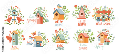 Spring birdhouse set. Spring mood greeting card template. Welcome spring invitation. Minimalist postcard birdhouse. 