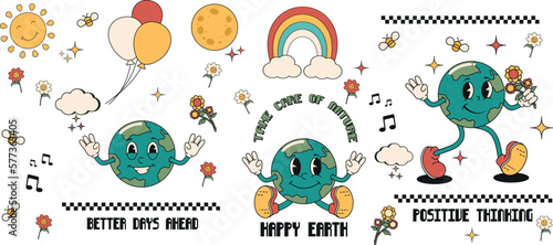  Large set in the retro style of the 70s of the planet Earth. Vector illustration of planet, globe with emoji for print, icon, coloring book, poster, banner, template. Vector illustration.