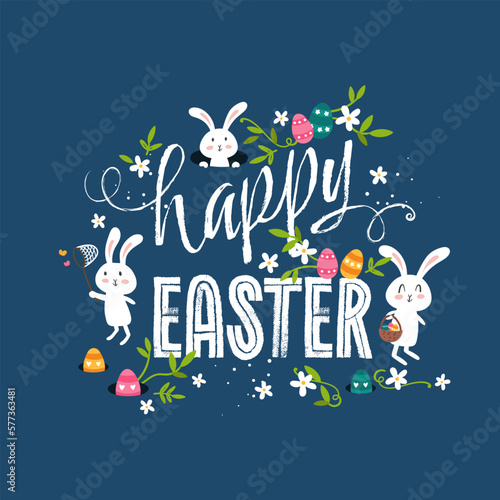 Lovely hand drawn easter designs with text "Happy Easter" cute hand drawn bunnies, eggs and decoration - vector design