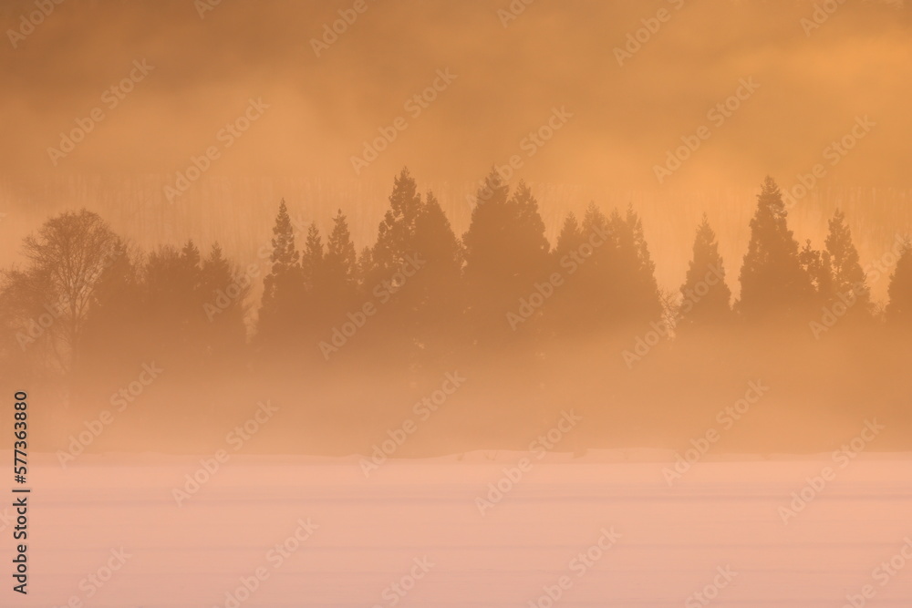 Obraz premium 岩手県西和賀町 朝焼けの冬景色