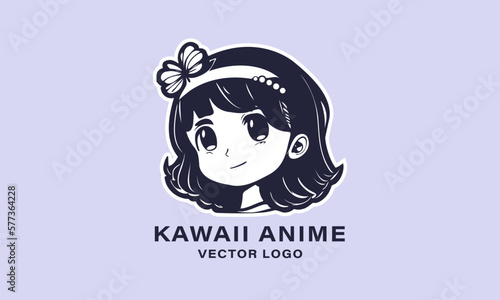 Vector anime logo. Monochrome portrait of a beautiful young cute kawaii girl with a bow. Sticker, icon or emblem.