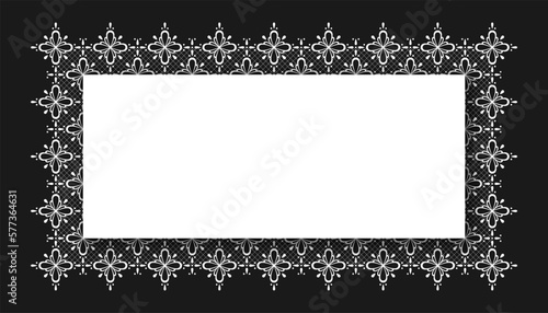 Vector paper cut square banner with copy space. Empty white horizontal paper sheet with lace underneath on black background.