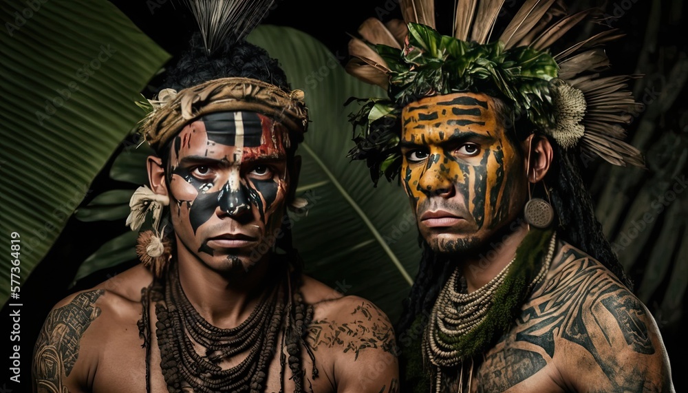 South American tribes people with many tattoos on their bodies from the South American jungle. Generative AI