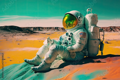 Astronaut on some planet in the galaxy looking at the horizon. Desert landscape. Generative AI