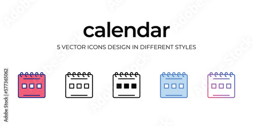 calendar Icon Design in Five style with Editable Stroke. Line, Solid, Flat Line, Duo Tone Color, and Color Gradient Line. Suitable for Web Page, Mobile App, UI, UX and GUI design.