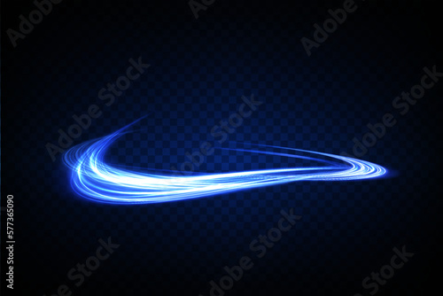 Abstract light lines of movement and speed with blue color and sparkles. Light everyday glowing effect. semicircular wave, light trail curve swirl, optical fiber incandescent