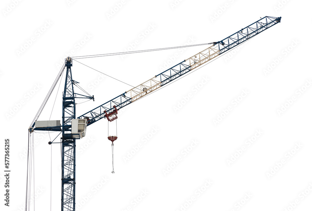 A tower crane with an arrow on a white isolated background. A tower crane with an arrow on a white isolated background.