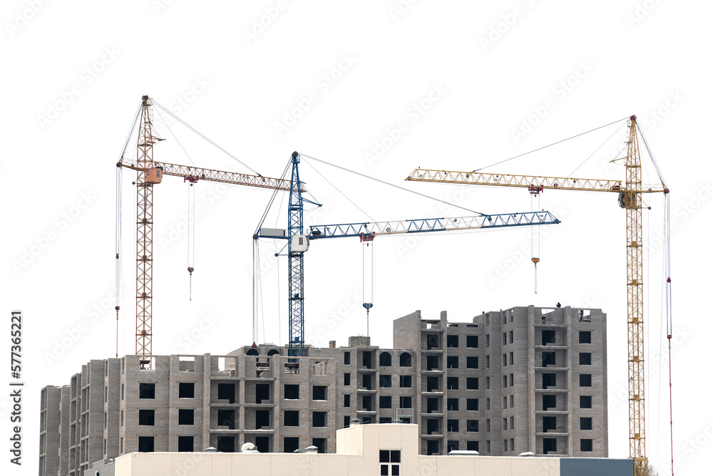 Construction of multi-storey buildings with tower cranes on a white isolated background.