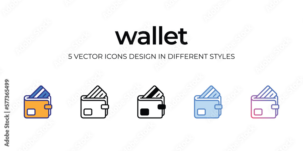 wallet Icon Design in Five style with Editable Stroke. Line, Solid, Flat Line, Duo Tone Color, and Color Gradient Line. Suitable for Web Page, Mobile App, UI, UX and GUI design. wallet Icon Design in Five style with Editable Stroke. Line, Solid, Flat Line, Duo Tone Color, and Color Gradient Line. Suitable for Web Page, Mobile App, UI, UX and GUI design.