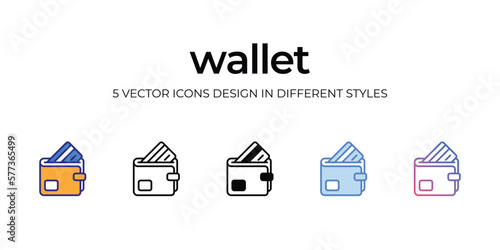 wallet Icon Design in Five style with Editable Stroke. Line, Solid, Flat Line, Duo Tone Color, and Color Gradient Line. Suitable for Web Page, Mobile App, UI, UX and GUI design.