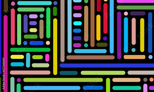 Abstract colorful pattern of straight lines and dots. Composition in the form of arbitrary multi-colored stripes on a black background. Vector illustration, EPS 10. Hippie space, astrology, horoscope. photo