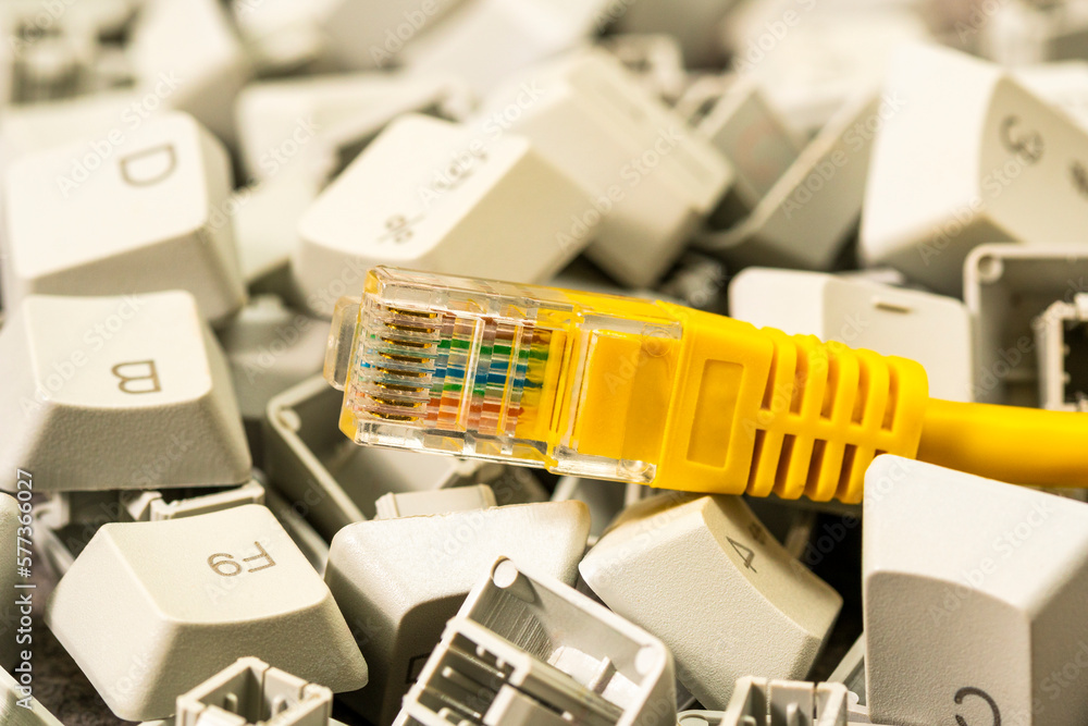 Internet cable RJ45 and keyboard keys close-up view Internet cable RJ45 and keyboard keys close-up view
