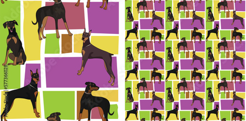 Doberman dog summer bright wallpaper. Holiday abstract shapes square seamless background, repeatable pattern. Birthday wallpaper, Christmas present, print tiles. Simple puzzle with dogs, for pet lover