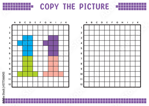 Copy the picture, complete the grid image. Educational worksheets drawing with squares, coloring cell areas. Preschool activities, children's games. Cartoon vector illustration, pixel art. Number 11.
