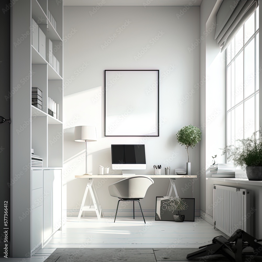 White home office interior with poster mock up - Generative AI Stock
