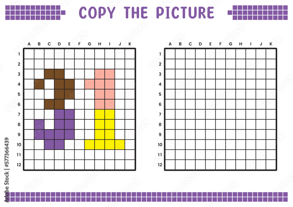 Fototapeta premium Copy the picture, complete the grid image. Educational worksheets drawing with squares, coloring cell areas. Preschool activities, children's games. Cartoon vector illustration, pixel art. Number 31.