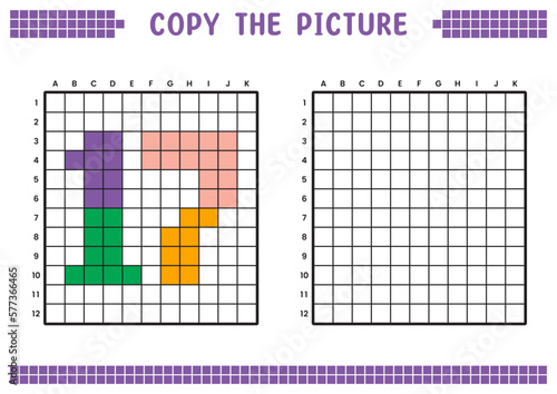 Copy the picture  complete the grid image. Educational worksheets drawing with squares  coloring cell areas. Preschool activities  children s games. Cartoon vector illustration  pixel art. Number 17.
