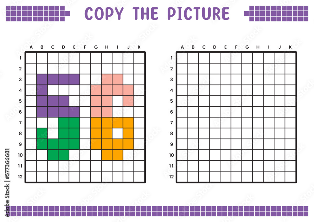 Fototapeta premium Copy the picture, complete the grid image. Educational worksheets drawing with squares, coloring cell areas. Preschool activities, children's games. Cartoon vector illustration, pixel art. Number 56.