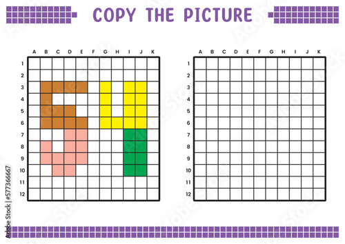 Copy the picture, complete the grid image. Educational worksheets drawing with squares, coloring cell areas. Preschool activities, children's games. Cartoon vector illustration, pixel art. Number 54.