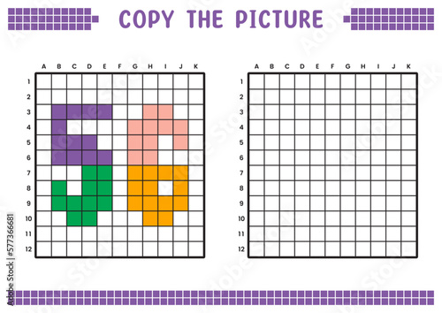 Copy the picture, complete the grid image. Educational worksheets drawing with squares, coloring cell areas. Preschool activities, children's games. Cartoon vector illustration, pixel art. Number 56.