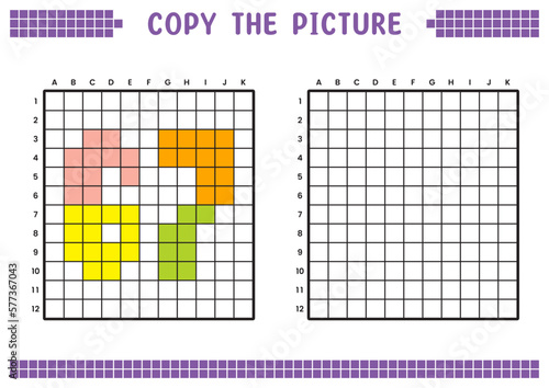 Copy the picture, complete the grid image. Educational worksheets drawing with squares, coloring cell areas. Preschool activities, children's games. Cartoon vector illustration, pixel art. Number 67.