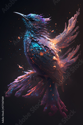 Ptak połączony z mgławicą galaktyczną. Ptak na czarnym tle w magicznym, abstrakcyjnym wydaniu. Generative AI