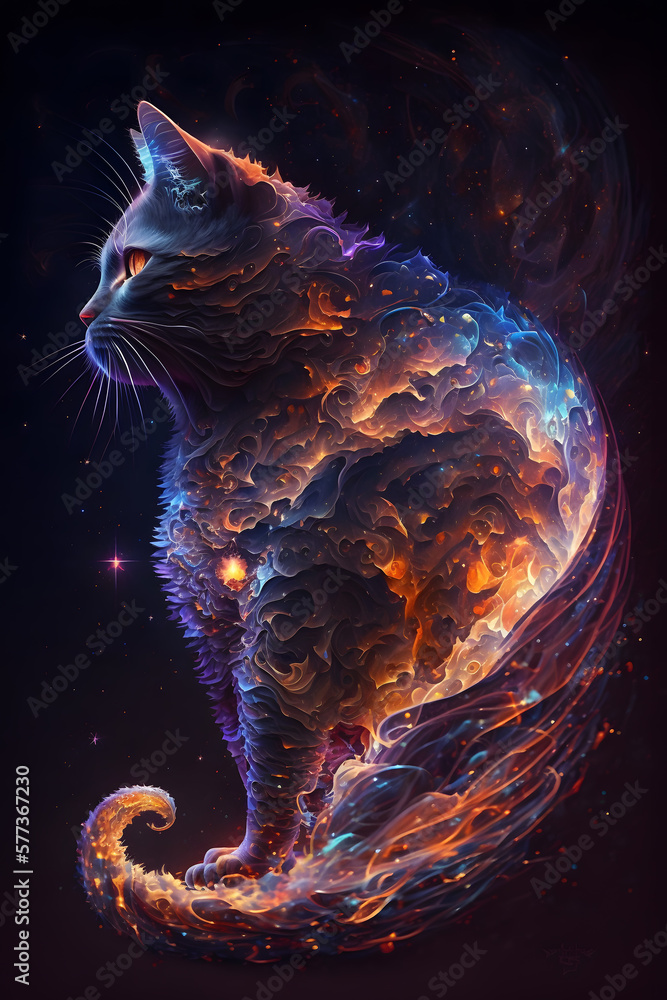 Kot połączony z mgławicą galaktyczną. Kot na czarnym tle w magicznym, abstrakcyjnym wydaniu. Wygenerowane Ai - obrazy, fototapety, plakaty 