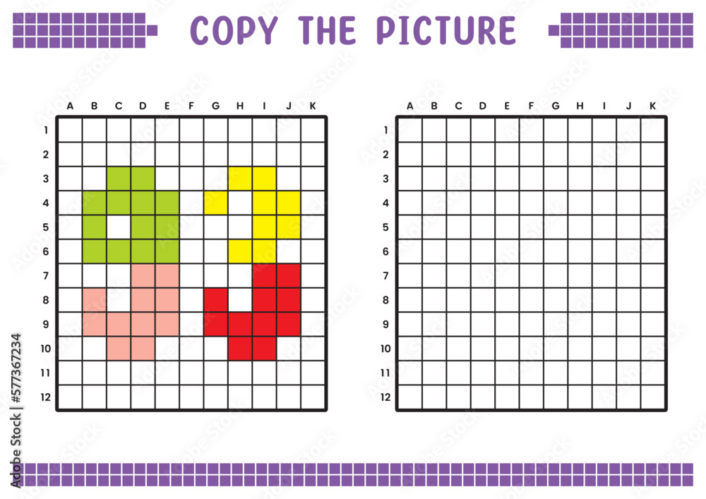 Fototapeta premium Copy the picture, complete the grid image. Educational worksheets drawing with squares, coloring cell areas. Preschool activities, children's games. Cartoon vector illustration, pixel art. Number 93.