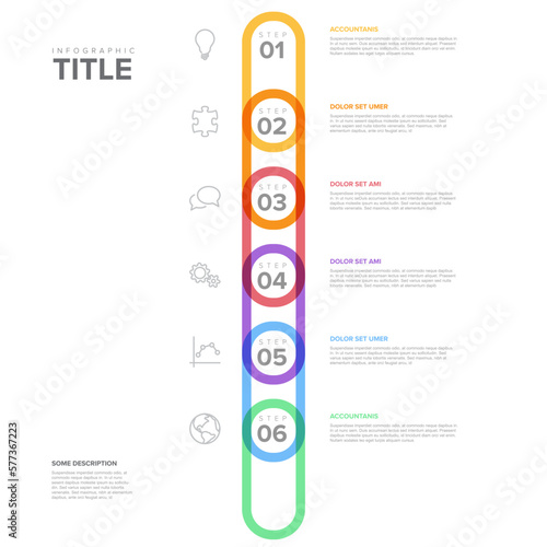 Vector vertical pastel thick line progress six steps template on light background