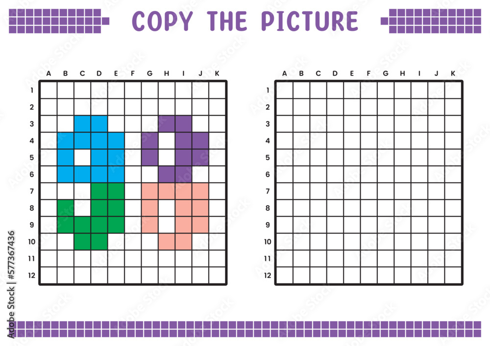 Fototapeta premium Copy the picture, complete the grid image. Educational worksheets drawing with squares, coloring cell areas. Preschool activities, children's games. Cartoon vector illustration, pixel art. Number 98.