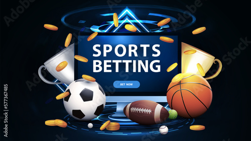 Monitor with champion cups, sport balls and gold coins in dark scene with neon rhombus frames and hologram of digital rings