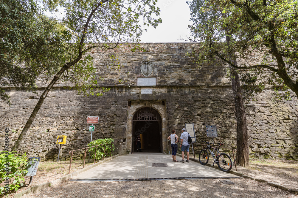 TUSCANY, AREZZO – May, 2022: entrance in Fortezza Medicea (Medici’s Fortress) on top of the hill (16th century BC) inside of Public park in in Arezzo city, Italy
