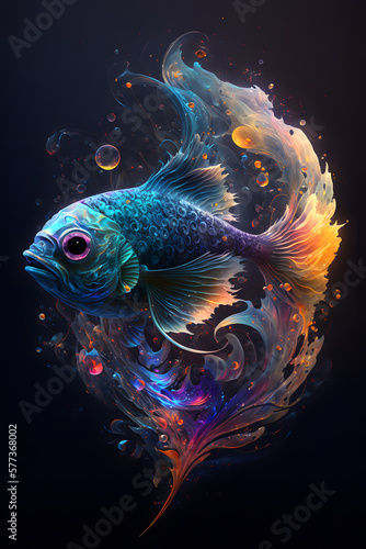 Ryba połączona z mgławicą galaktyczną. Ryba na czarnym tle w magicznym, abstrakcyjnym wydaniu. Generative AI