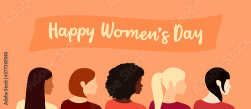 Side view of five women of different nationalities standing together. International Women's Day greeting banner. Flat vector illustration