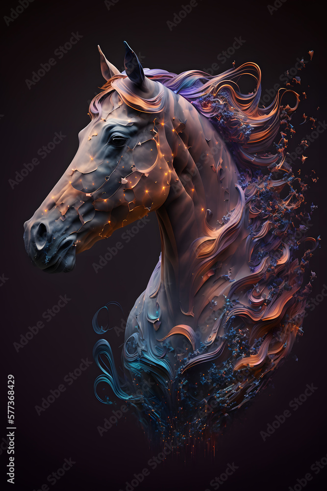 Głowa Konia połączona z mgławicą galaktyczną. Koń na czarnym tle w magicznym, abstrakcyjnym wydaniu.  Generative AI - obrazy, fototapety, plakaty 